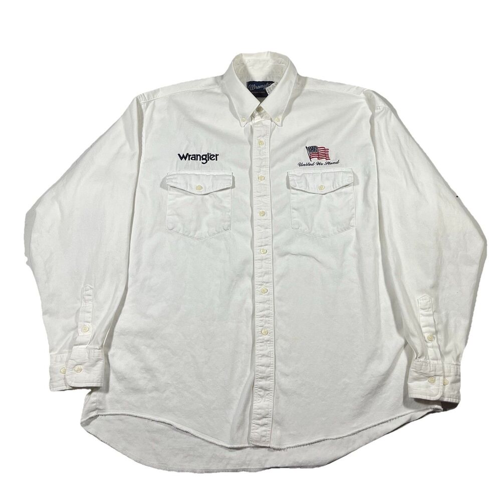 VTG Wrangler Western Shirt USA Flag United We Stand Button Up Men’s XL 17.5x36